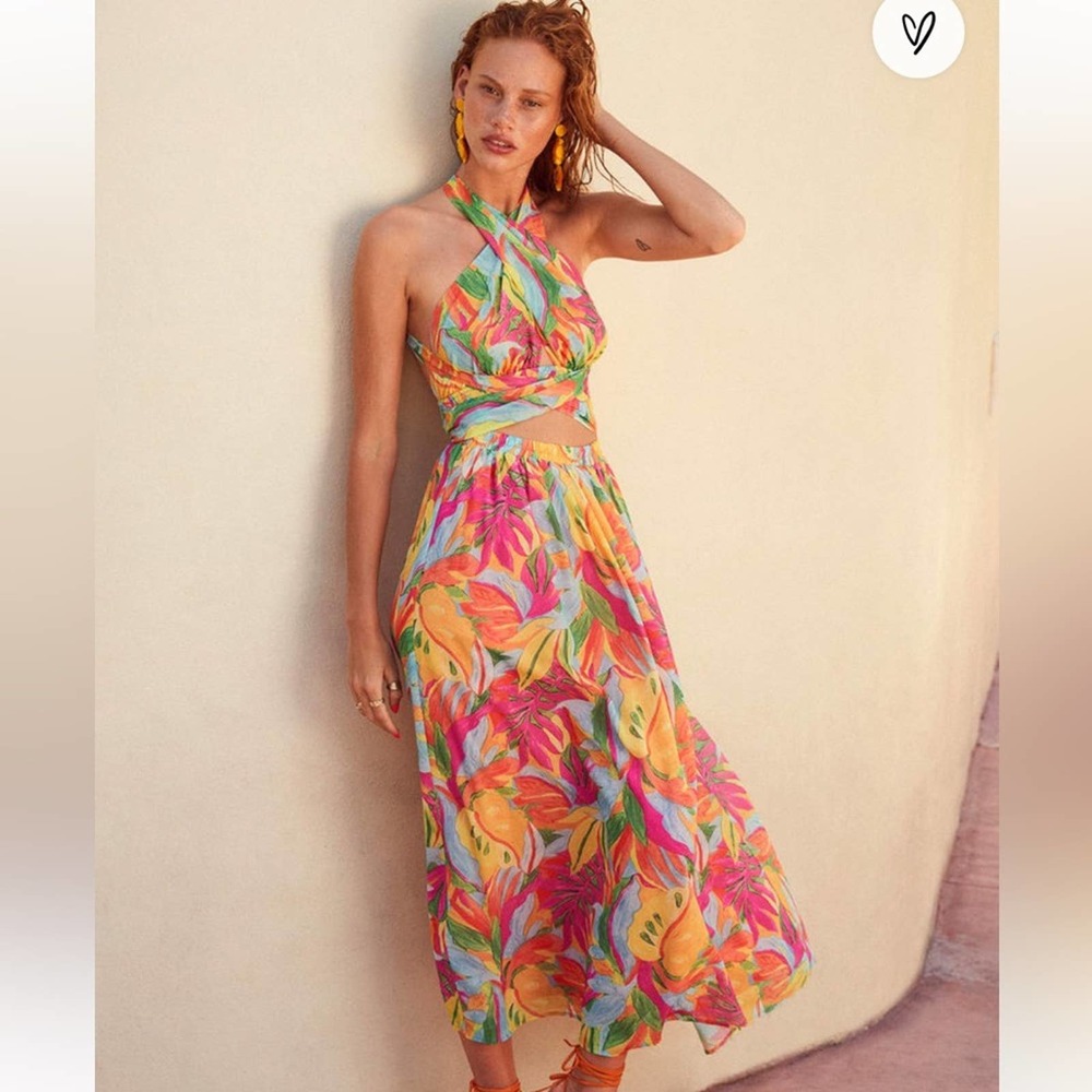Lena Tropical Halter Printed Maxi Dress Cut Out Waist Small